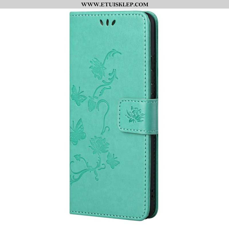 Etui Folio do Samsung Galaxy M52 5G z Łańcuch Pasek W Motyle I Kwiaty